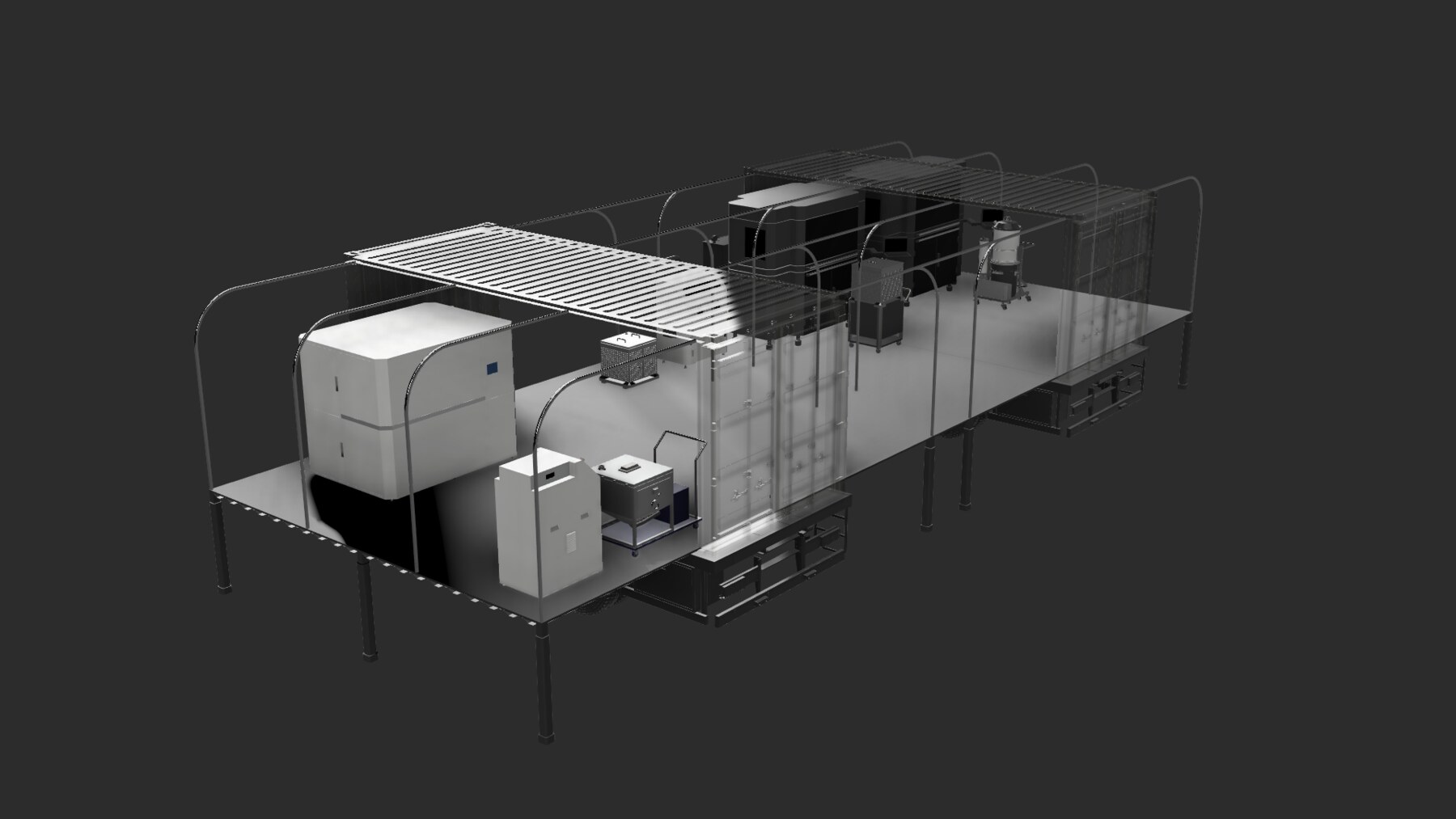 KUTU iç düzen teknik render — üretim istasyonları